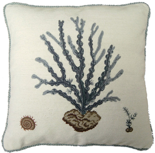 Needlepoint Hand-Embroidered Wool Throw Pillow Exquisite Home Designs blue water weed in blue with blue cording