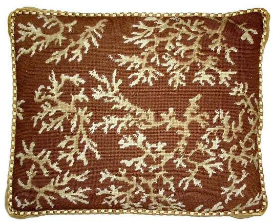 Needlepoint Hand-Embroidered Wool Throw Pillow Exquisite Home Designs ivory coral brown background with cording 1