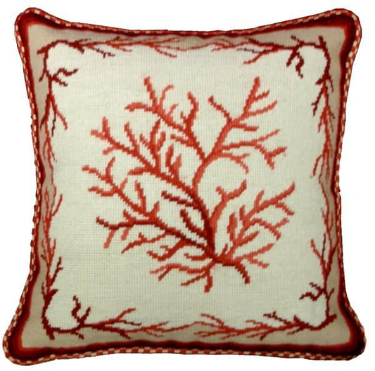 Needlepoint Hand-Embroidered Wool Throw Pillow Exquisite Home Designs red coral ivory background with 2 color cording 1