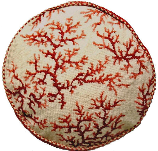 Needlepoint Hand-Embroidered Wool Throw Pillow Exquisite Home Designs red coral ivory background with 2 color cording