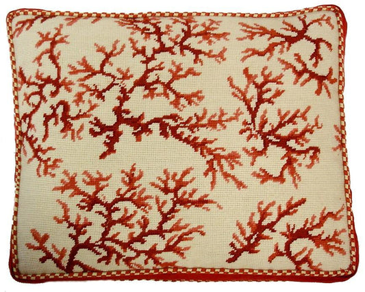 Needlepoint Hand-Embroidered Wool Throw Pillow Exquisite Home Designs red coral ivory back with 2 color cording
