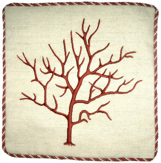 Needlepoint Hand-Embroidered Wool Throw Pillow Exquisite Home Designs red small coral with cording