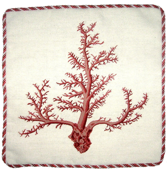 Needlepoint Hand-Embroidered Wool Throw Pillow Exquisite Home Designs red large coral with cording