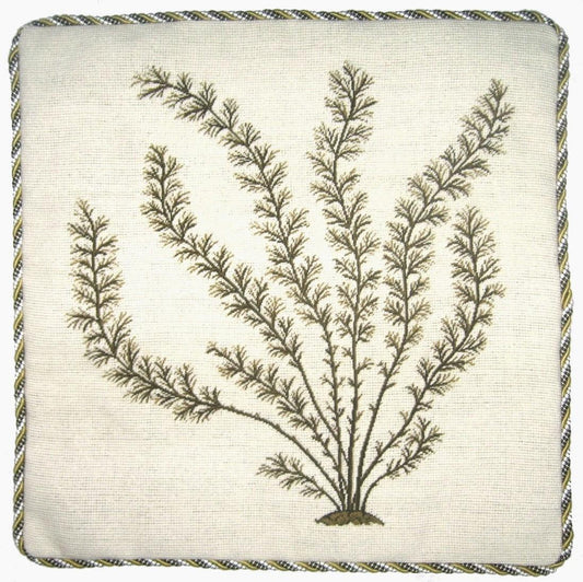 Needlepoint Hand-Embroidered Wool Throw Pillow Exquisite Home Designs seaweeds green Marestail with cording