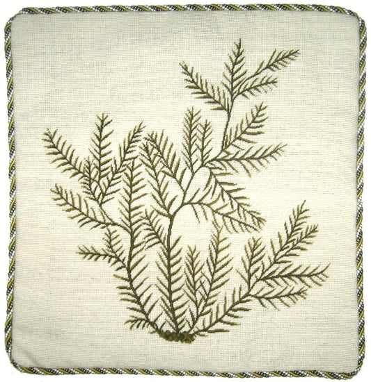 Needlepoint Hand-Embroidered Wool Throw Pillow Exquisite Home Designs seaweeds green Sealace with cording