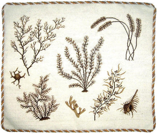 Needlepoint Hand-Embroidered Wool Throw Pillow Exquisite Home Designs brown group seaweeds with cording