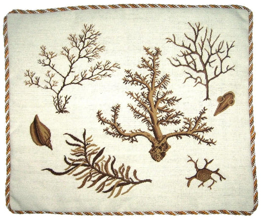 Needlepoint Hand-Embroidered Wool Throw Pillow Exquisite Home Designs group seaweeds center brown coral with cording