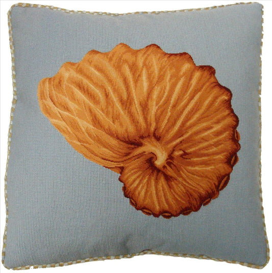 Needlepoint Hand-Embroidered Wool Throw Pillow Exquisite Home Designs Nautilus shell light blue background with cording