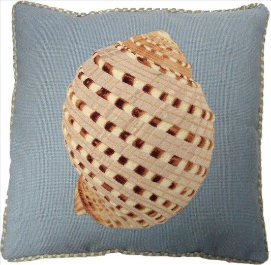 Needlepoint Hand-Embroidered Wool Throw Pillow Exquisite Home Designs Triton shell light blue background with cording
