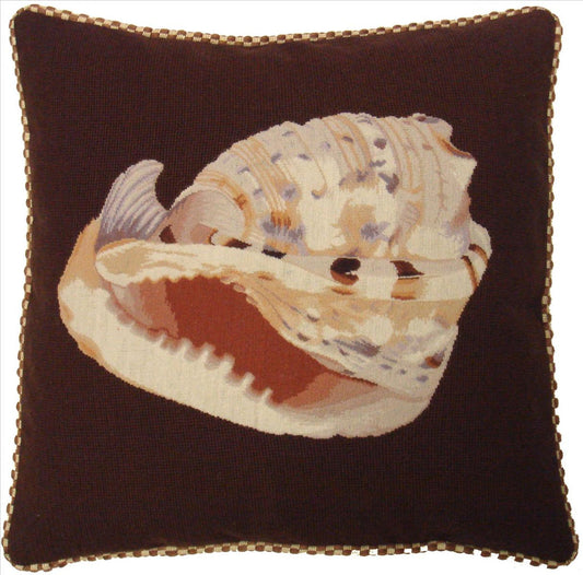 Needlepoint Hand-Embroidered Wool Throw Pillow Exquisite Home Designs Conch shell dark brown background with cording