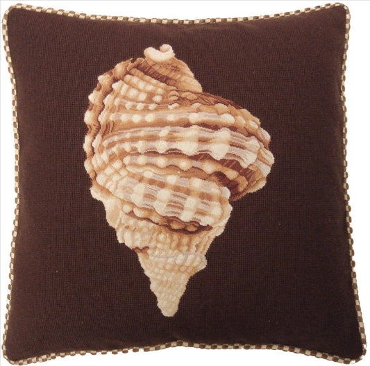 Needlepoint Hand-Embroidered Wool Throw Pillow Exquisite Home Designs Hawaii Granulated frog shell dark brown background with cording