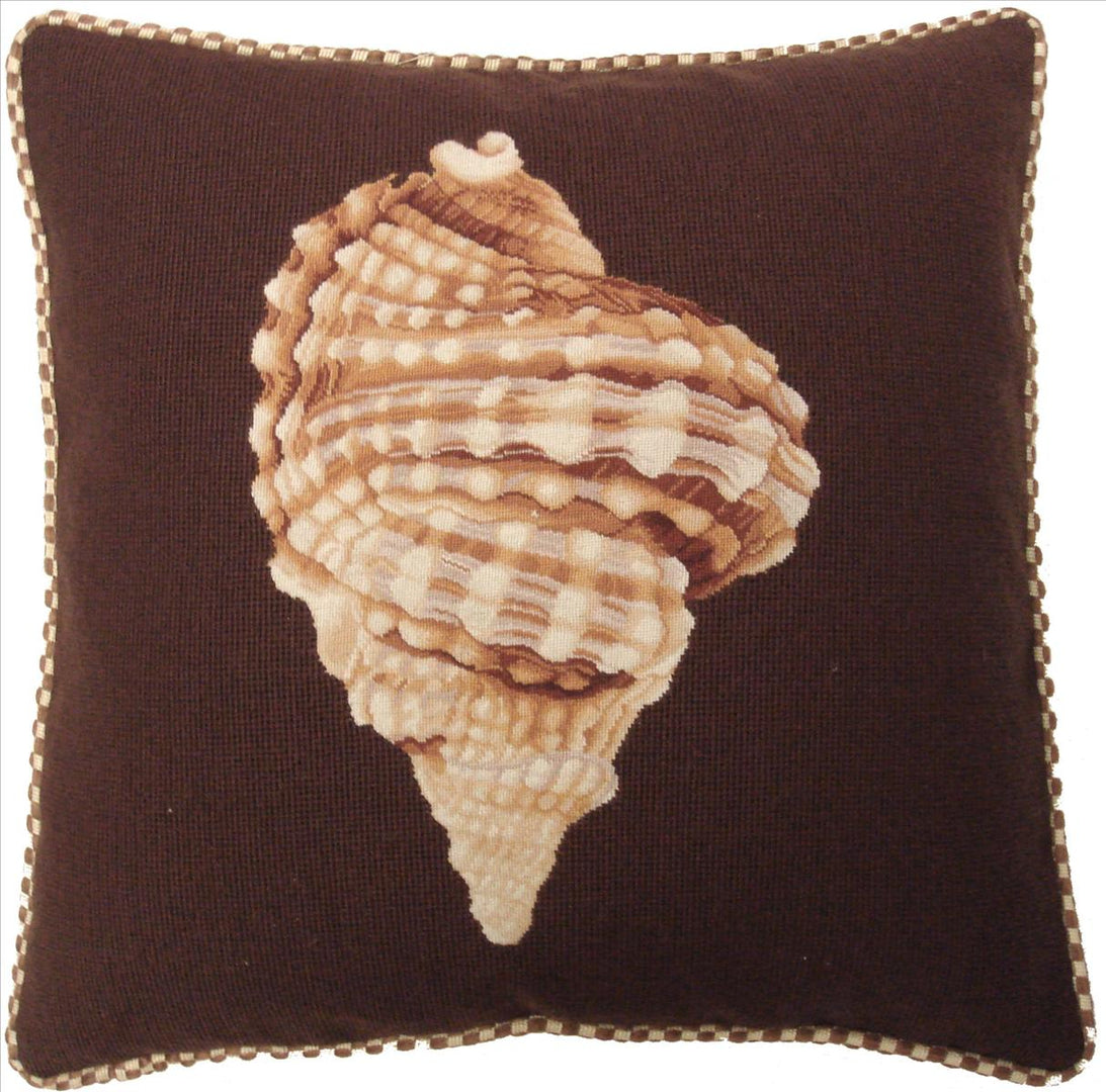 Needlepoint Hand-Embroidered Wool Throw Pillow Exquisite Home Designs Hawaii Granulated frog shell dark brown background with cording