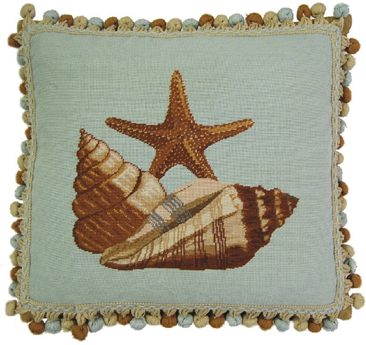 Needlepoint Hand-Embroidered Wool Throw Pillow Exquisite Home Designs blue background with brown sea star fish and sea shells with tassel