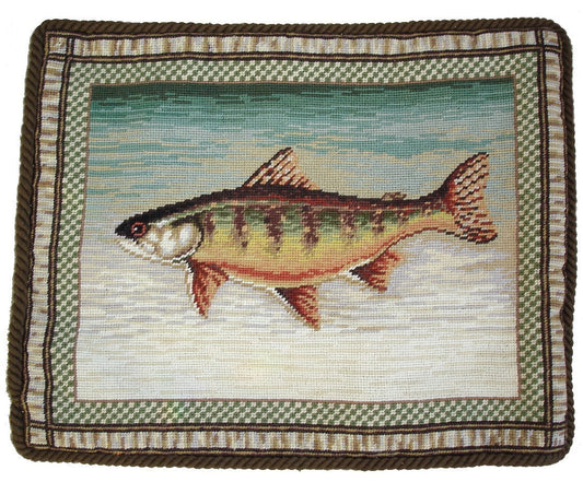Needlepoint Hand-Embroidered Wool Throw Pillow Exquisite Home Designs dark trout with green brown boarder coffee cording