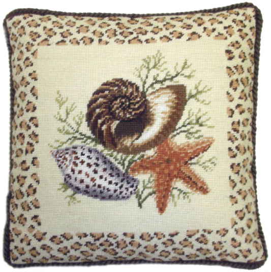 Needlepoint Hand-Embroidered Wool Throw Pillow Exquisite Home Designs dark sea shell and star fish with brown cording