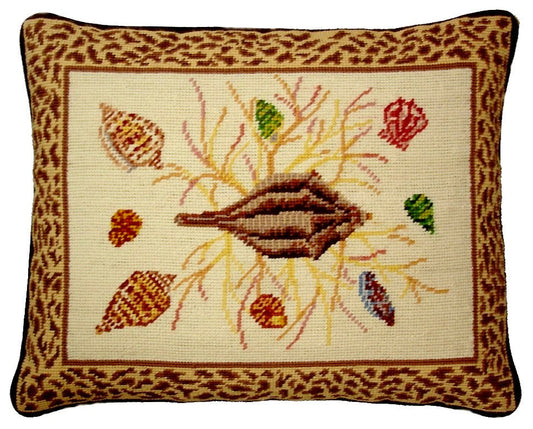 Needlepoint Hand-Embroidered Wool Throw Pillow Exquisite Home Designs brown shell center animal print frame