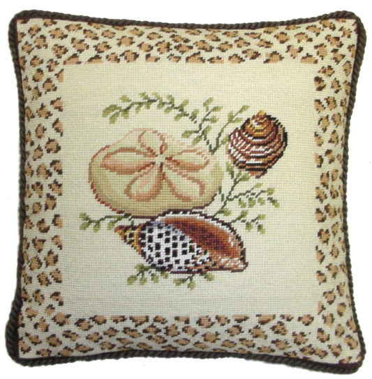 Needlepoint Hand-Embroidered Wool Throw Pillow Exquisite Home Designs light & flat sea shell with brown tassel