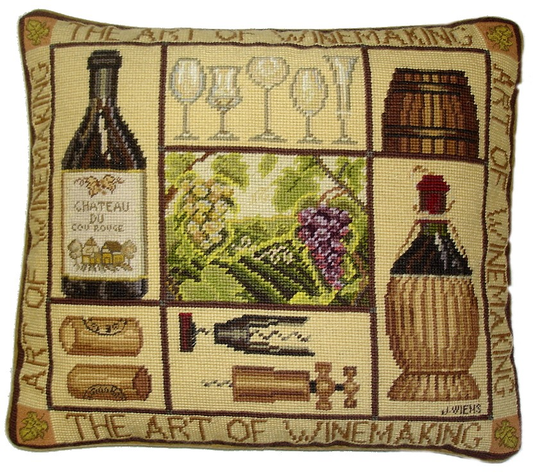 Needlepoint Hand-Embroidered Wool Throw Pillow Exquisite Home Designs James Winess designThe art of wine making,&