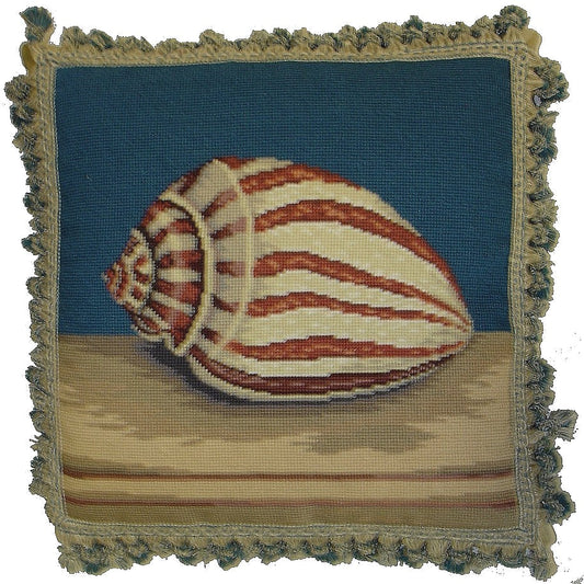 Needlepoint Hand-Embroidered Wool Throw Pillow Exquisite Home Designs sea tigershell with 2 color tassel