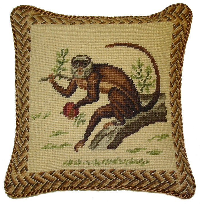 Needlepoint Hand-Embroidered Wool Throw Pillow Exquisite Home Designs monkey carry leaves with cording