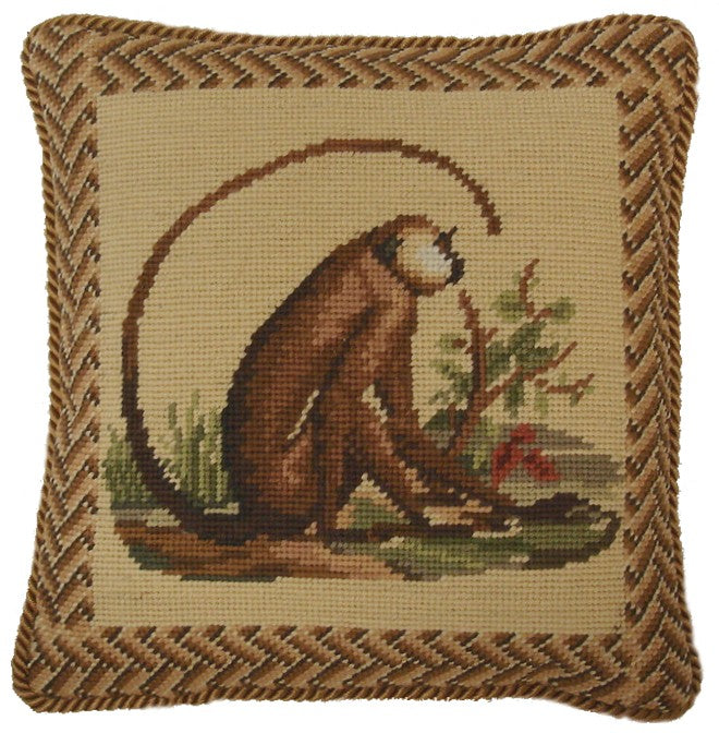 Needlepoint Hand-Embroidered Wool Throw Pillow Exquisite Home Designs monkey long tail