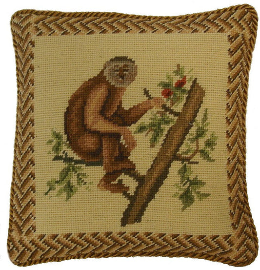 Needlepoint Hand-Embroidered Wool Throw Pillow Exquisite Home Designs monkey holding the branch