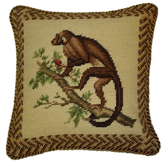 Needlepoint Hand-Embroidered Wool Throw Pillow Exquisite Home Designs monkey holding the peach