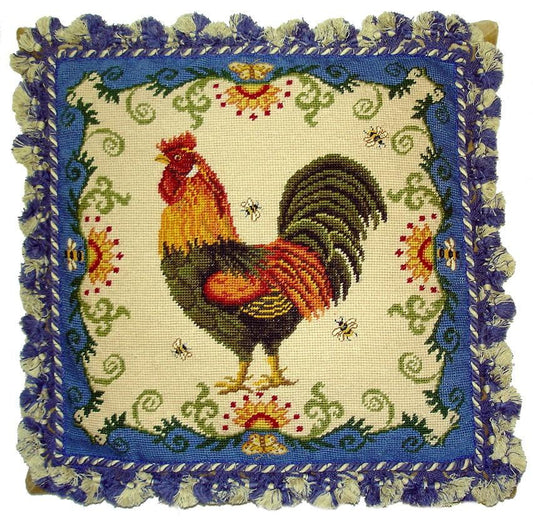 Needlepoint Hand-Embroidered Wool Throw Pillow Exquisite Home Designs rooster with bee & butterfly blue frame blue/nature tassels with  on the roosters face