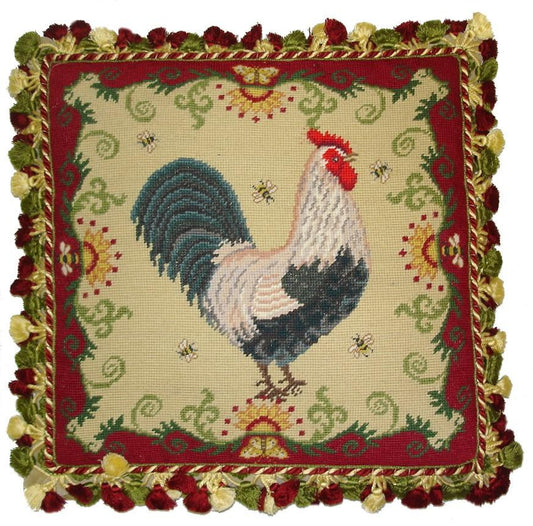 Needlepoint Hand-Embroidered Wool Throw Pillow Exquisite Home Designs rooster with bee & butterfly red frame red/green/yellow tassels with  on the roosters face