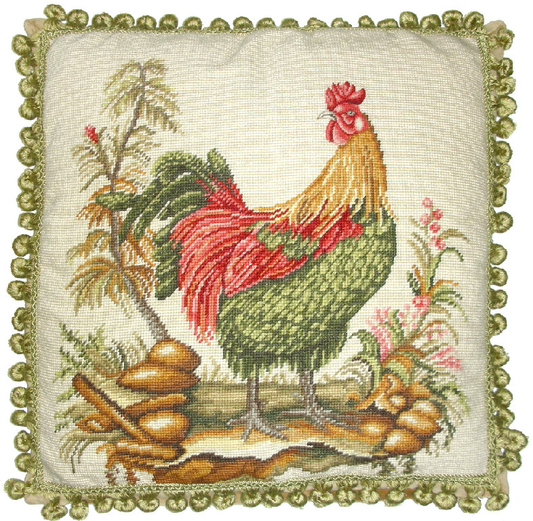 Needlepoint Hand-Embroidered Wool Throw Pillow Exquisite Home Designs roosters face backgound with 2 color tassels