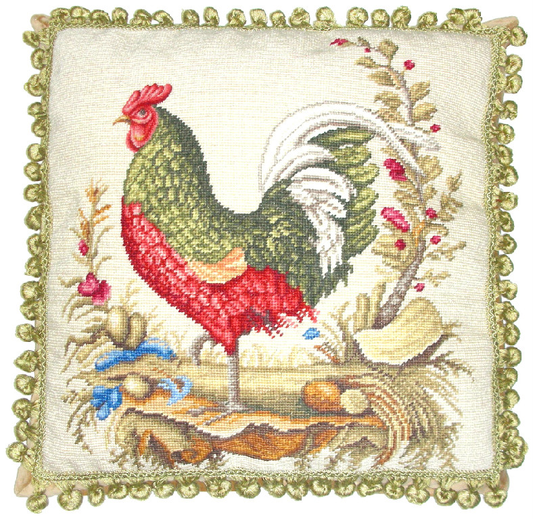 Needlepoint Hand-Embroidered Wool Throw Pillow Exquisite Home Designs roosters face background with 2 color tassels
