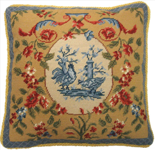Needlepoint Hand-Embroidered Wool Throw Pillow Exquisite Home Designs chicken floral with yellow cording