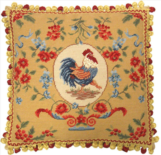 Needlepoint Hand-Embroidered Wool Throw Pillow Exquisite Home Designs chicken floral with tassels 1