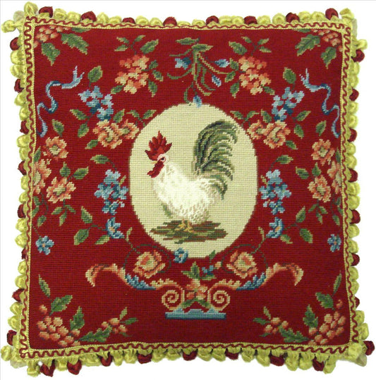 Needlepoint Hand-Embroidered Wool Throw Pillow Exquisite Home Designs chicken floral with tassels