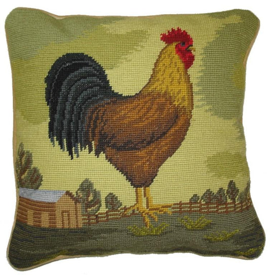Needlepoint Hand-Embroidered Wool Throw Pillow Exquisite Home Designs Red rooster