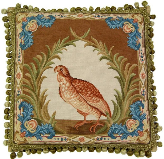 Needlepoint Hand-Embroidered Wool Throw Pillow Exquisite Home Designs  Old World gallinaceous game bird -partridge looking forward with tassels2