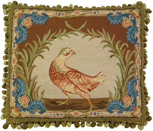 Needlepoint Hand-Embroidered Wool Throw Pillow Exquisite Home Designs  Old World gallinaceous game bird -partridge looking back with tassels