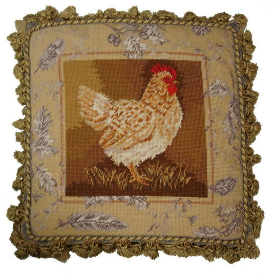 Needlepoint Hand-Embroidered Wool Throw Pillow Exquisite Home Designs Kethryn WhiteToile de Jouy I rooster, with tassel