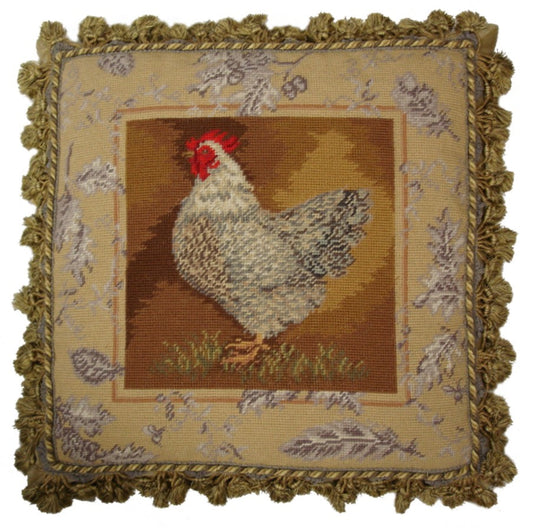 Needlepoint Hand-Embroidered Wool Throw Pillow Exquisite Home Designs Kathryn Whites Toile de Jouy IV rooster, with tassel