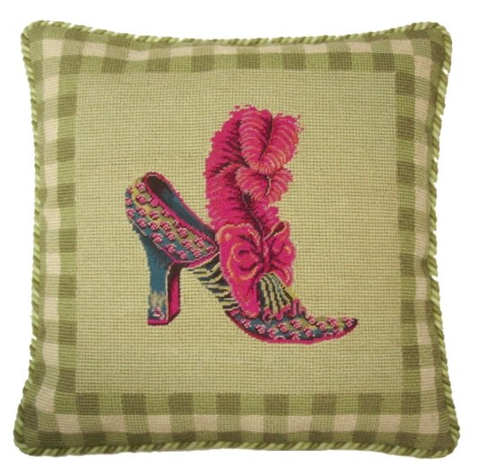 Needlepoint Hand-Embroidered Wool Throw Pillow Exquisite Home Designs feather shoe with green background 2 color cording