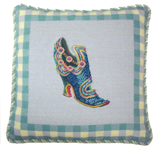 Needlepoint Hand-Embroidered Wool Throw Pillow Exquisite Home Designs leather shoe with blue background 2 color cording