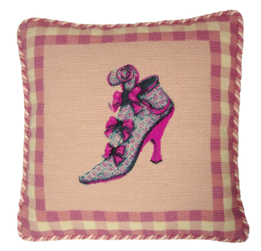 Needlepoint Hand-Embroidered Wool Throw Pillow Exquisite Home Designs bow show pink background with 2 color cording
