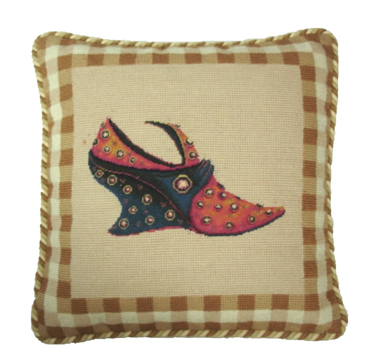 Needlepoint Hand-Embroidered Wool Throw Pillow Exquisite Home Designs carton shoe badge background with 2 color cording
