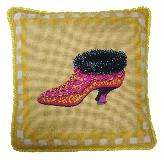 Needlepoint Hand-Embroidered Wool Throw Pillow Exquisite Home Designs  fur shoe yellow background with 2 color cording