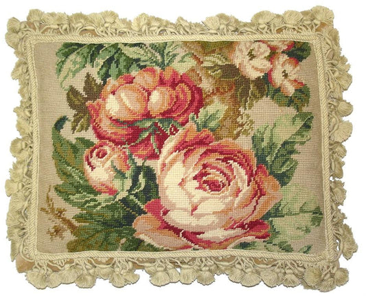 Needlepoint Hand-Embroidered Wool Throw Pillow Exquisite Home Designs pink cabbage roses green leaves nature tassels
