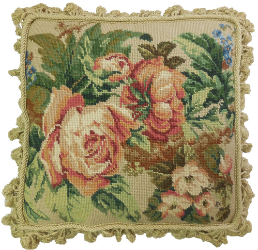 Needlepoint Hand-Embroidered Wool Throw Pillow Exquisite Home Designs cabbage roses nature background with tassel