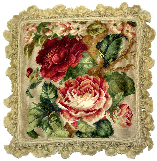 Needlepoint Hand-Embroidered Wool Throw Pillow Exquisite Home Designs dark red cabbage roses with nature tassels