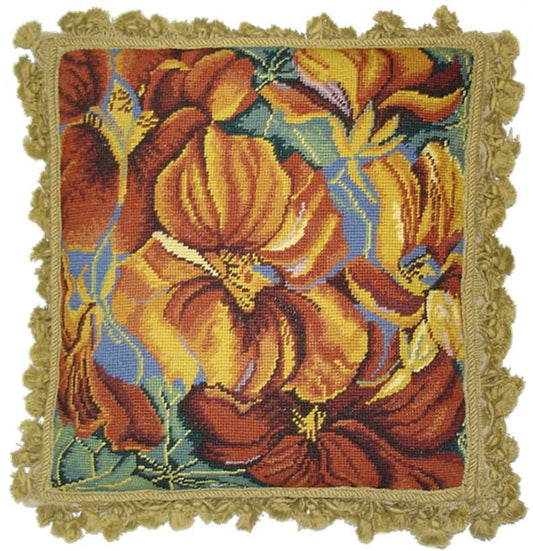 Needlepoint Hand-Embroidered Wool Throw Pillow Exquisite Home Designs tiger Orchard with gold tassels