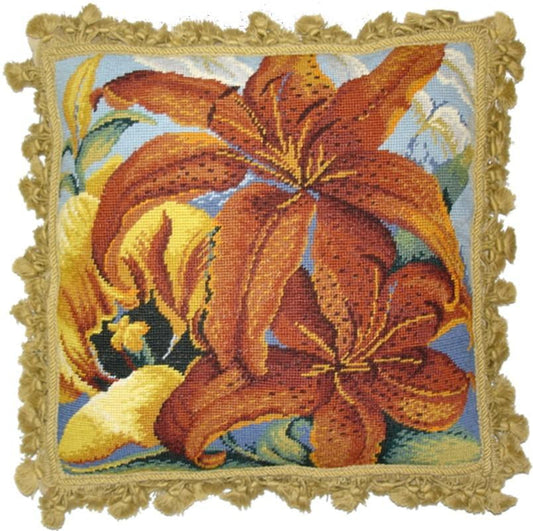 Needlepoint Hand-Embroidered Wool Throw Pillow Exquisite Home Designs All tiger lilly with gold tassels