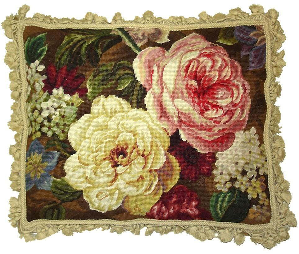 Needlepoint Hand-Embroidered Wool Throw Pillow Exquisite Home Designs yellow & pink roses with tassels